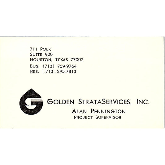 Golden Strataservices Alan Pennington Houston Texas Vintage Business Card SB4-B9