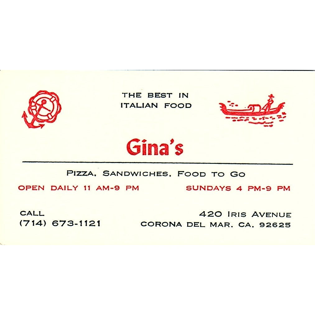 Gina's Pizza, Sandwiches, Food to Go Newport Beach CA Business Card SSB4-B13