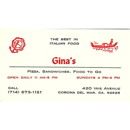 Gina's Pizza, Sandwiches, Food to Go Newport Beach CA Business Card SSB4-B13