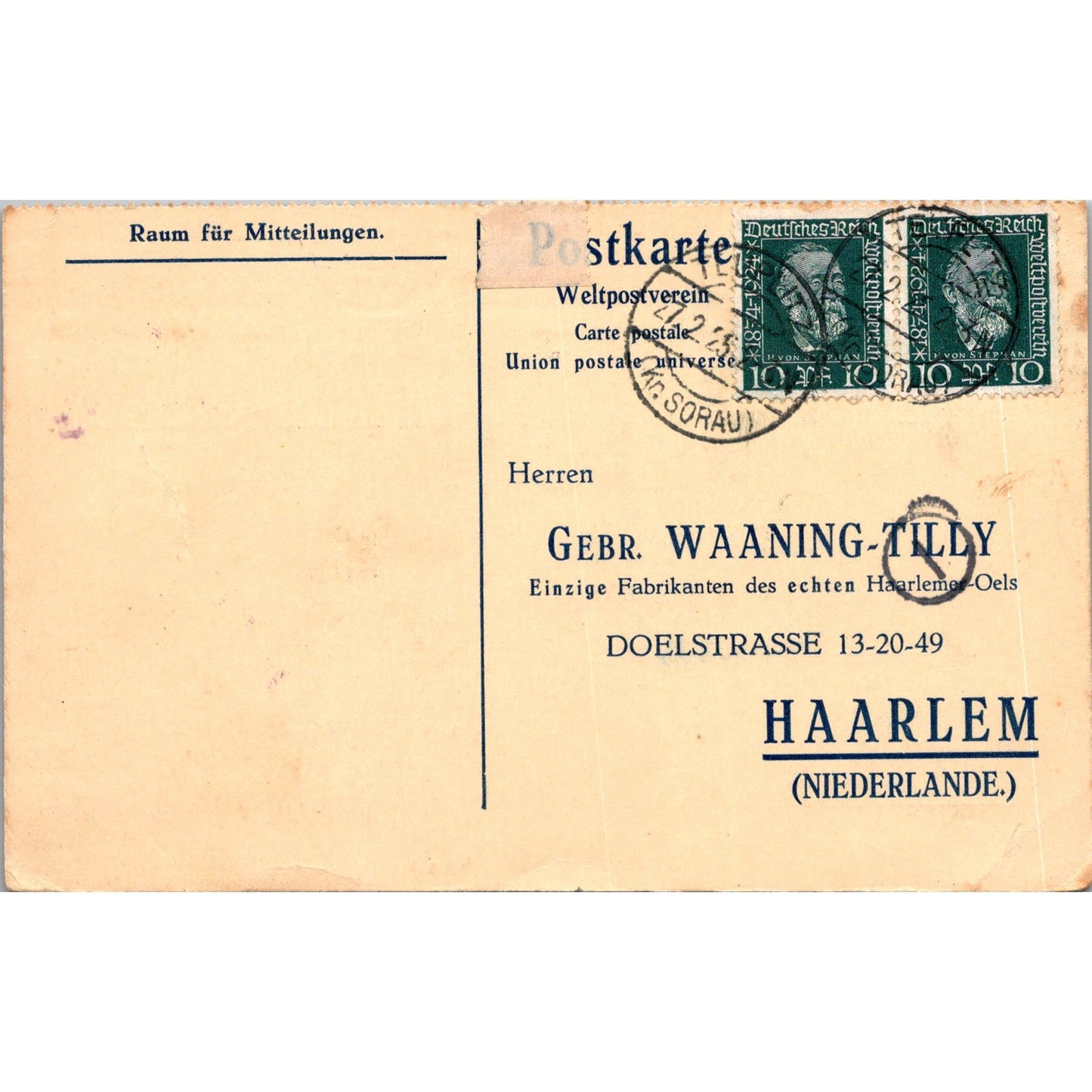 Waaning-Tilly Haarlem B. Winkler 1925 German Reich Postcard TE2-GRQ