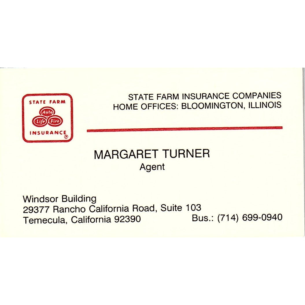 Margaret Turner State Farm Agent Temecula CA Vintage Business Card SC9-B10