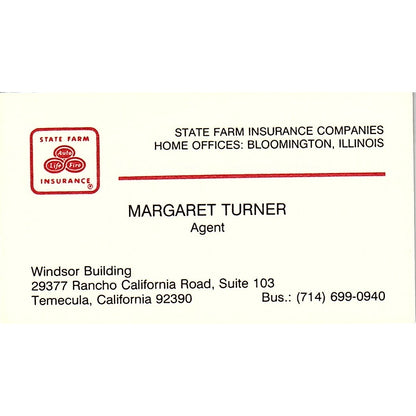 Margaret Turner State Farm Agent Temecula CA Vintage Business Card SC9-B10