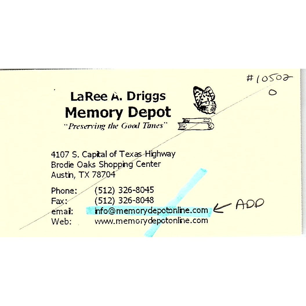 LaRee A Driggs Memory Depot Austin TX Vintage Business Card SC9-B9