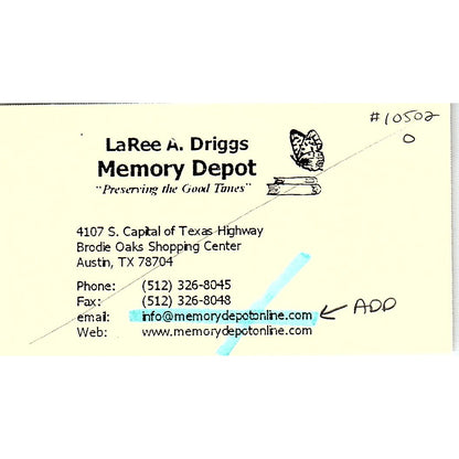 LaRee A Driggs Memory Depot Austin TX Vintage Business Card SC9-B9