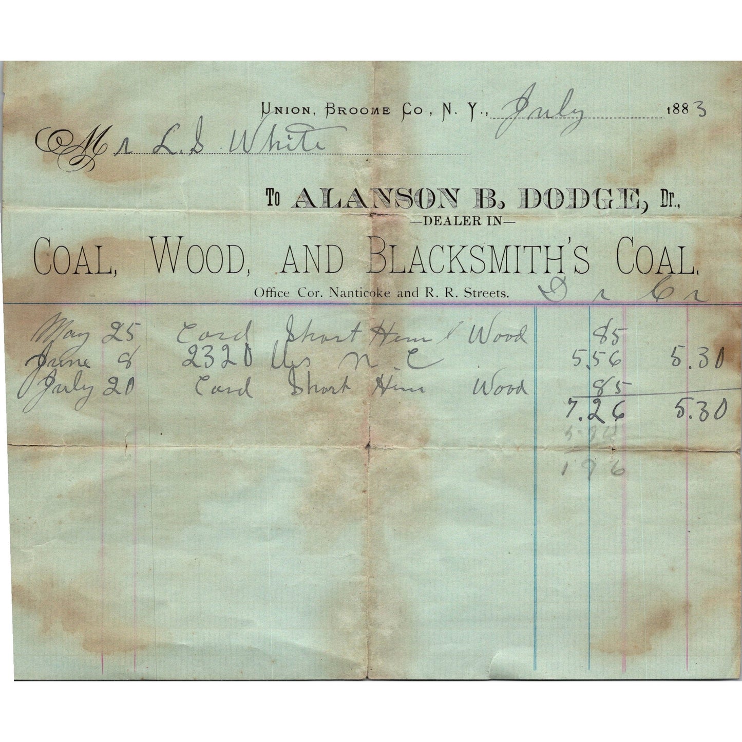 1883 Billhead Union Broome Co. NY Alanson B Dodge Nanticoke & R.R. Street AK7-3