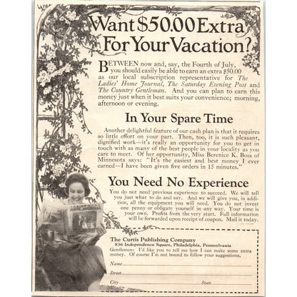 Earn Extra Money The Curtis Publishing Co Philadelphia 1924 Magazine Ad AF7-LJ1