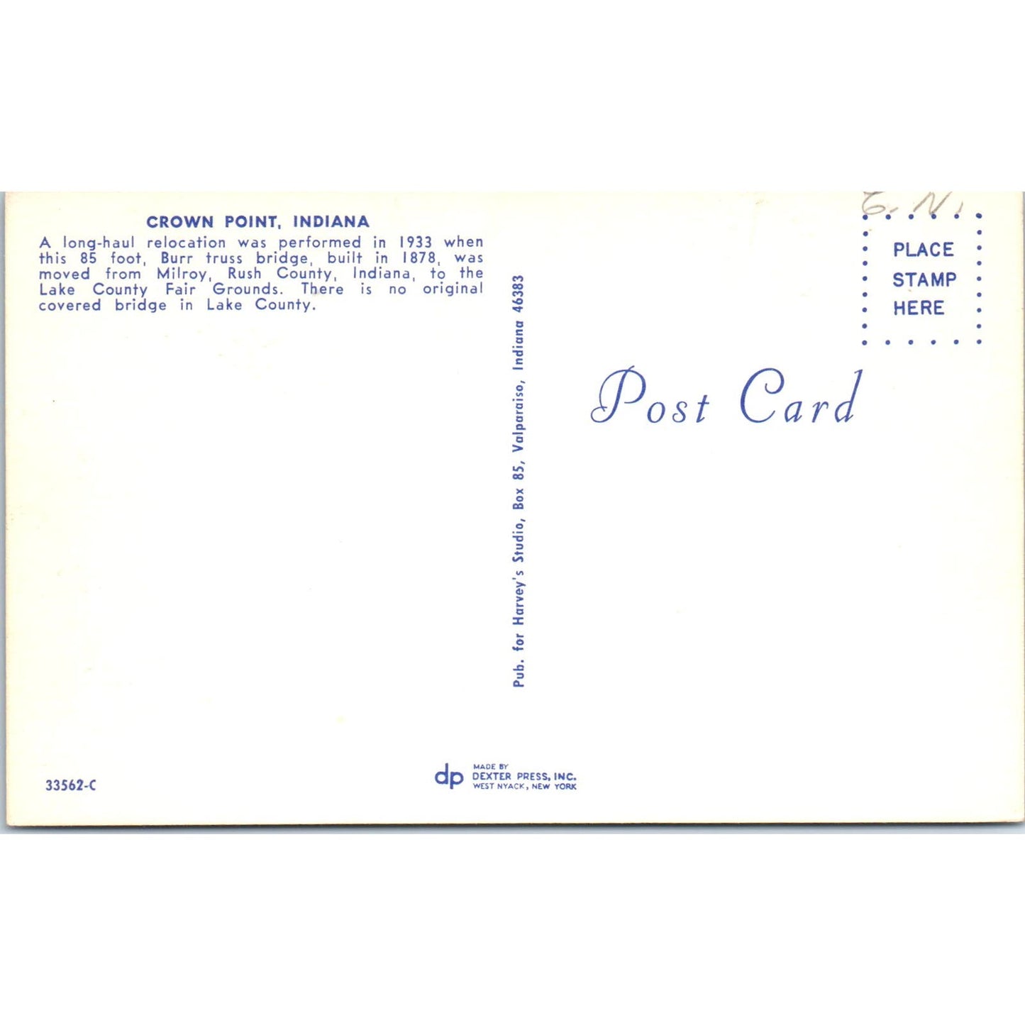 Crown Point Bridge Lake County Indiana Covered Bridge Postcard PB13