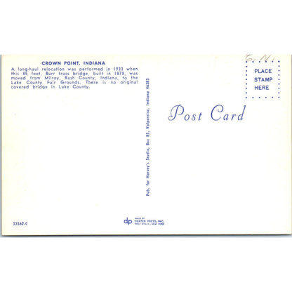 Crown Point Bridge Lake County Indiana Covered Bridge Postcard PB13