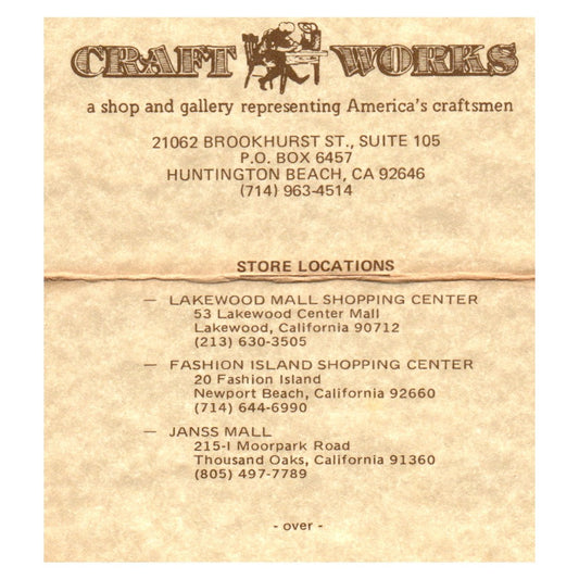 Craft Works Gallery Huntington Beach Lakewood CA Vintage Business Card SF3-B1