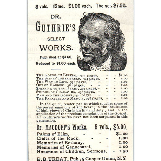 Dr. Guthrie's Select Works E.B.Treat NY c1890 Victorian Ad AE8-CH6