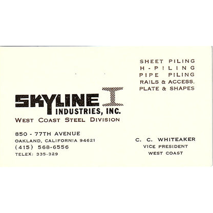 C.C. Whiteaker Skyline Industries Oakland CA Vintage Business Card SE5-B1