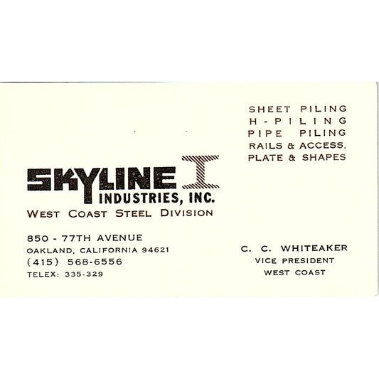 C.C. Whiteaker Skyline Industries Oakland CA Vintage Business Card SE5-B1