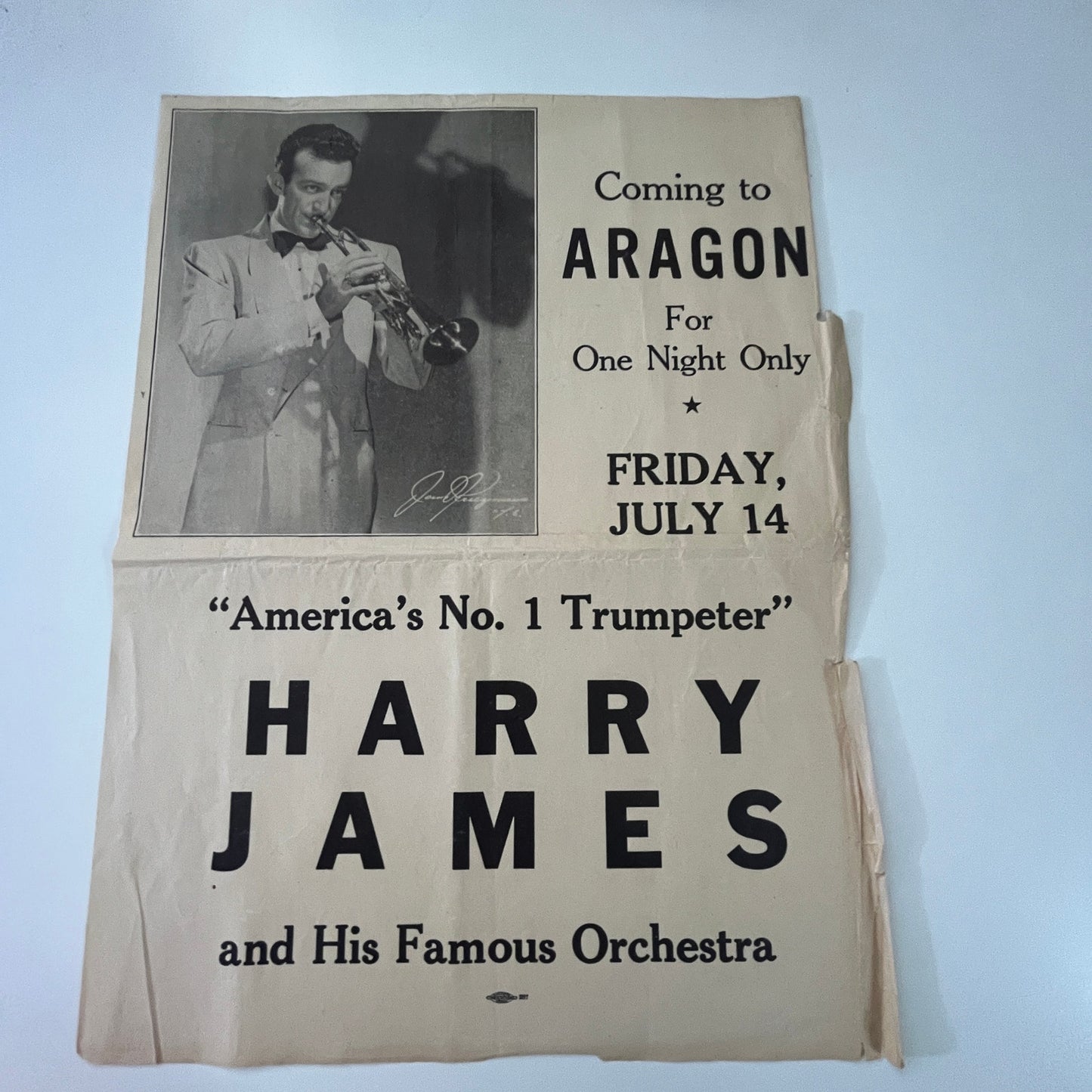 Harry James & His Famous Orchestra 1944 Aragon Ballroom Flyer Chicago IL J17