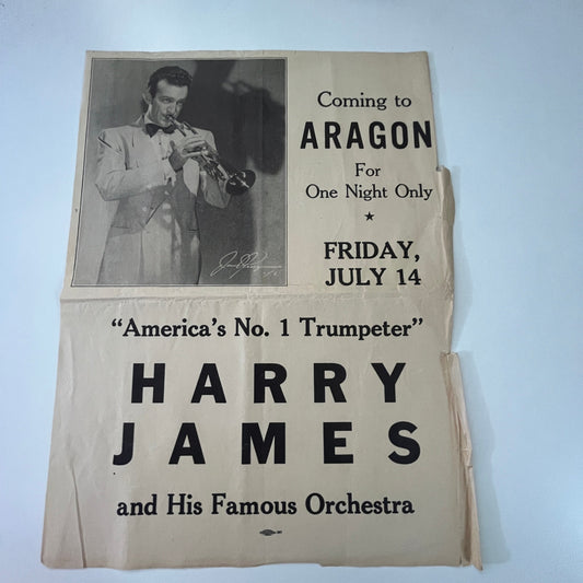 Harry James & His Famous Orchestra 1944 Aragon Ballroom Flyer Chicago IL J17