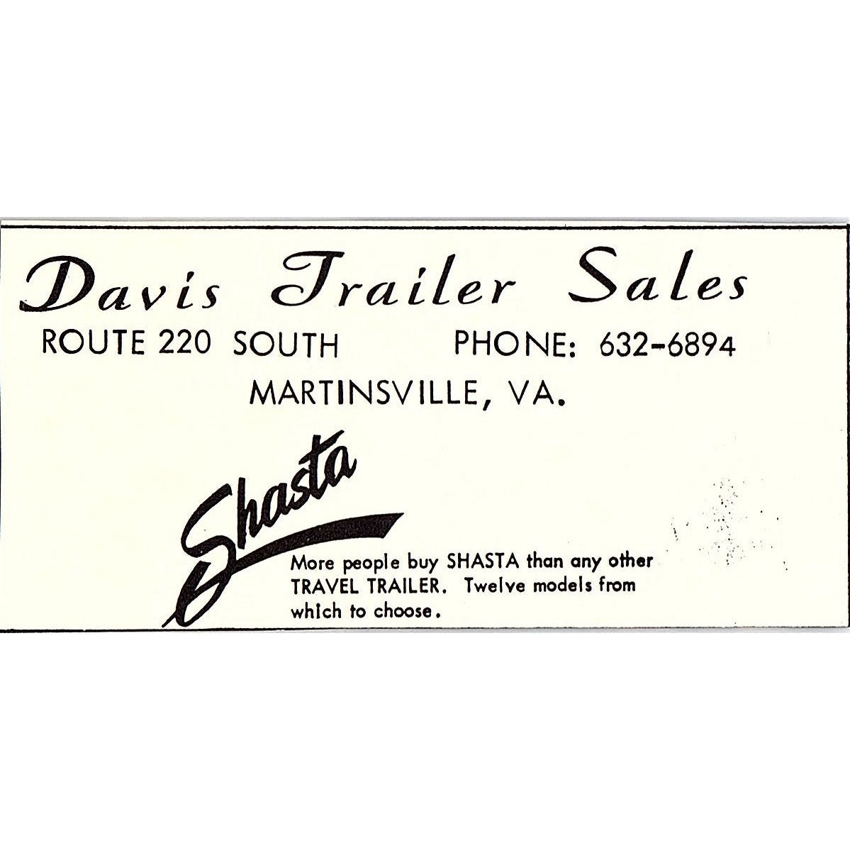 Davis Trailer Sales Shasta Travel Trailers Martinsville VA 1960s Ad AG2-M3