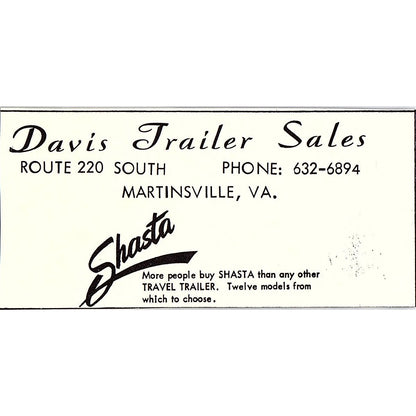 Davis Trailer Sales Shasta Travel Trailers Martinsville VA 1960s Ad AG2-M3