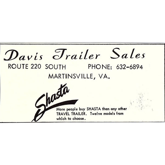 Davis Trailer Sales Shasta Travel Trailers Martinsville VA 1960s Ad AG2-M3