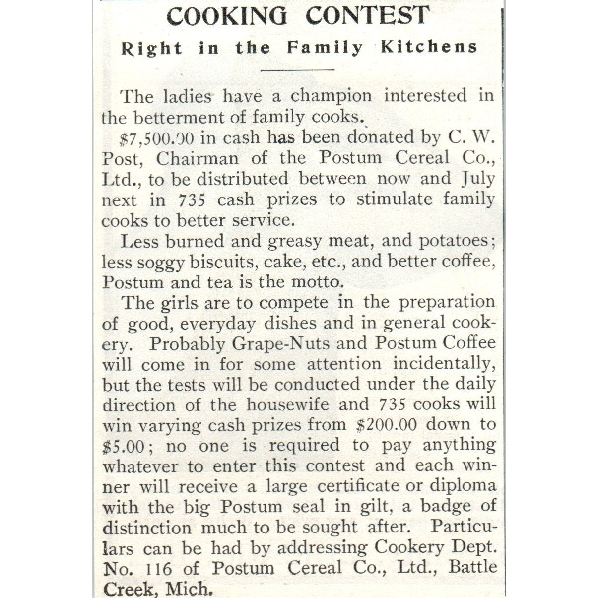 Cooking Contest - Battle Creek Michigan 1903 Magazine Ad AF7-E4