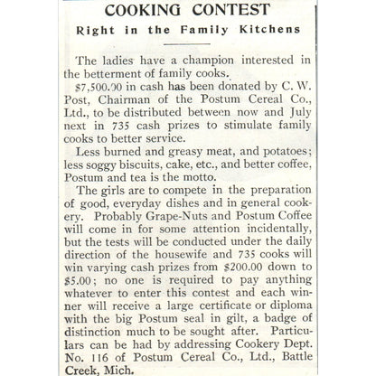 Cooking Contest - Battle Creek Michigan 1903 Magazine Ad AF7-E4