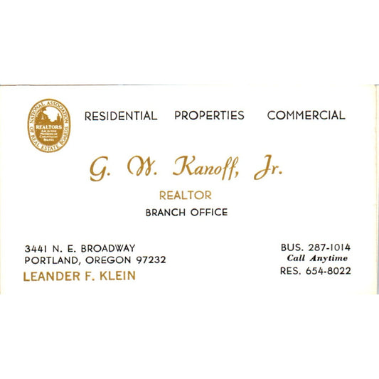 Leander F. Klein G.W. Kanoff Jr Realtor Portland OR Vintage Business Card SD8-B2