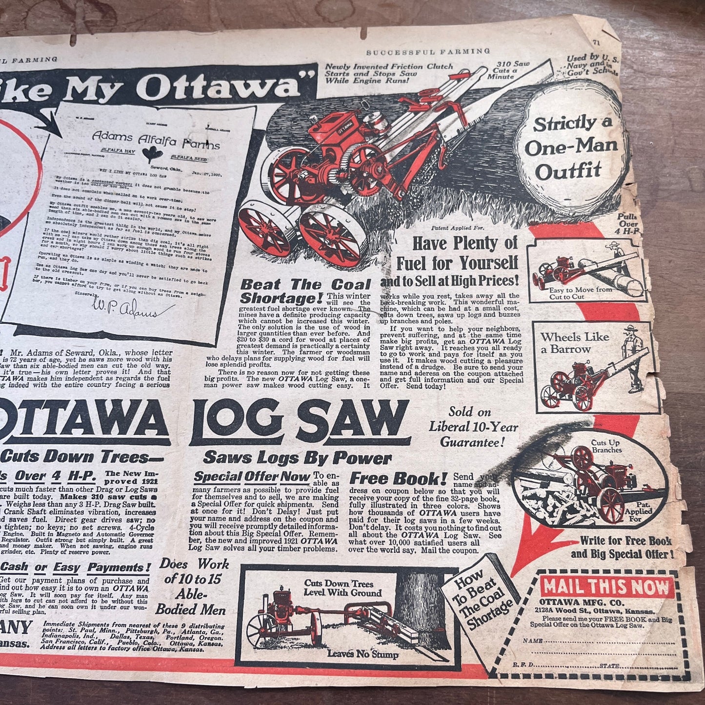 Ottawa Log Saw W.P. Adams Seward OK Ottawa KS Fold Out 1920 Ad V1-3