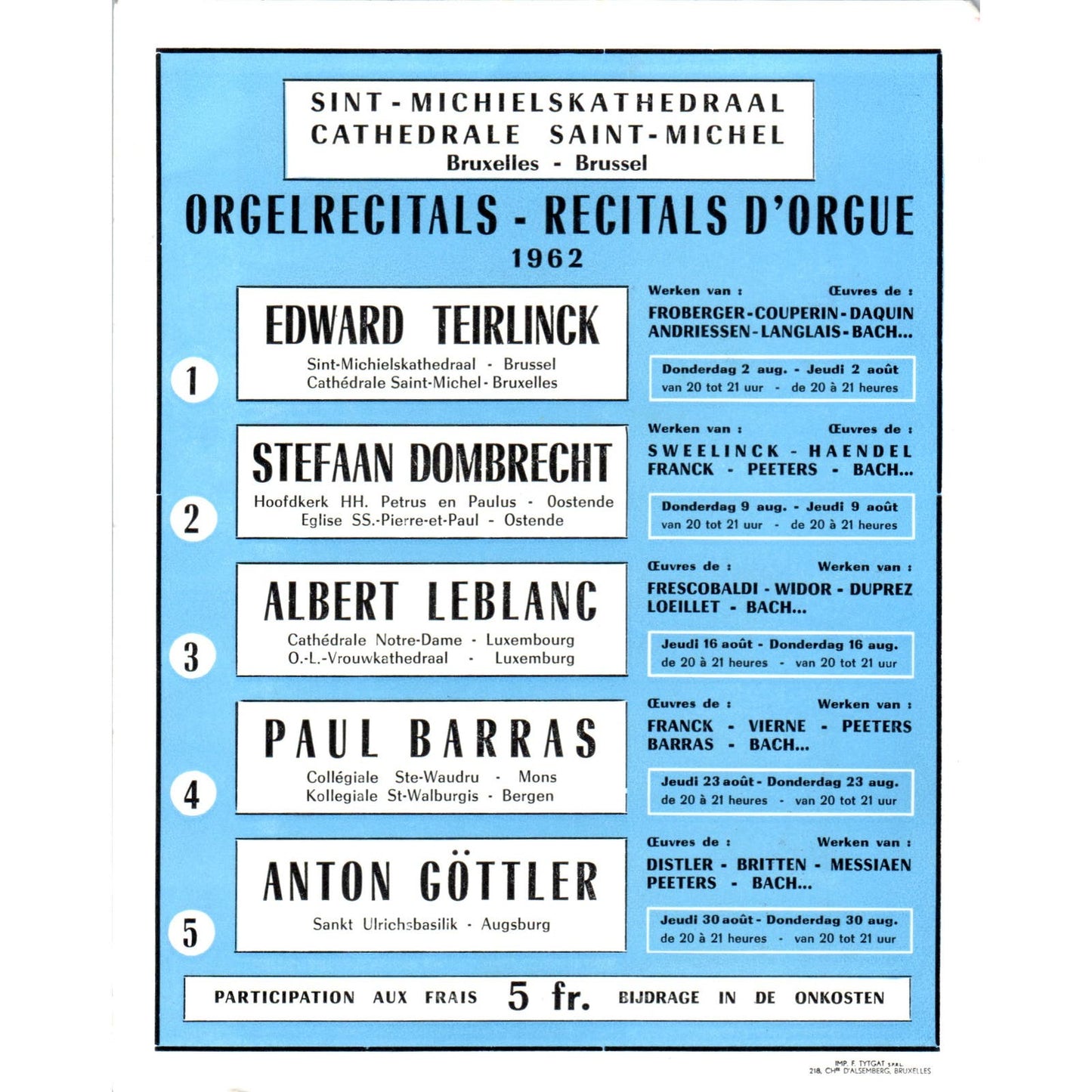 1962 Cathedrale Saint-Michel Brussels Récitals D'Orgue Schedule Flyer D9