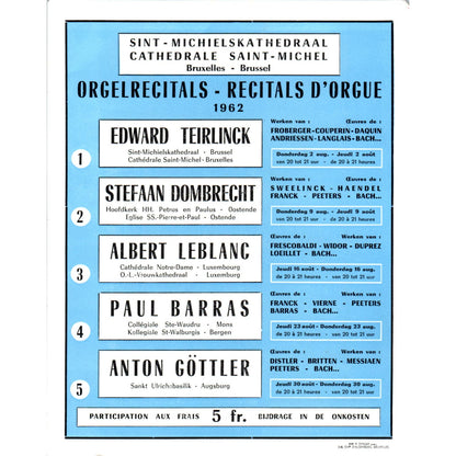 1962 Cathedrale Saint-Michel Brussels Récitals D'Orgue Schedule Flyer D9
