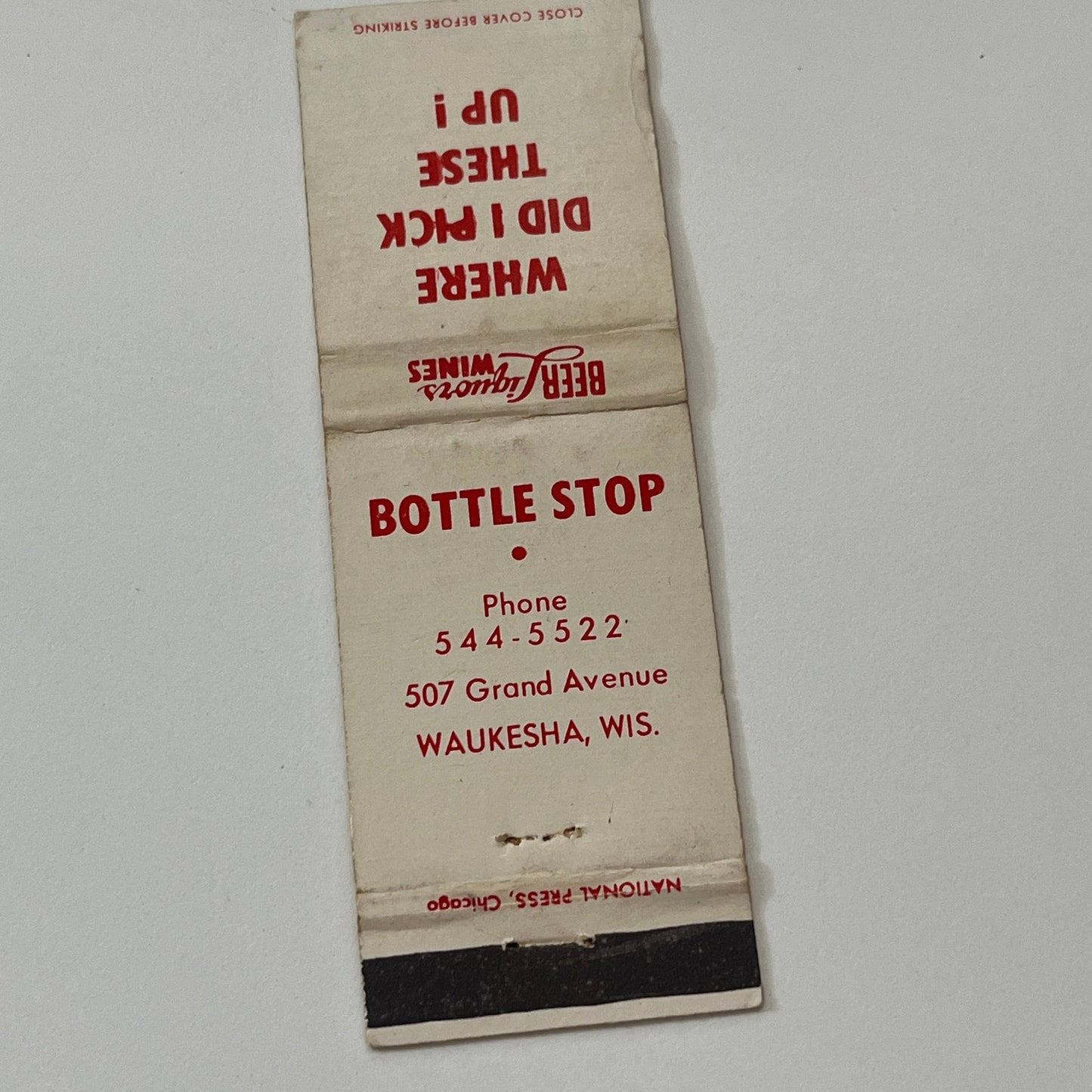 Bottle Stop 507 Grand Ave Waukesha WI Vintage Matchbook Cover TB6-MB1-14