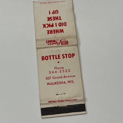 Bottle Stop 507 Grand Ave Waukesha WI Vintage Matchbook Cover TB6-MB1-14