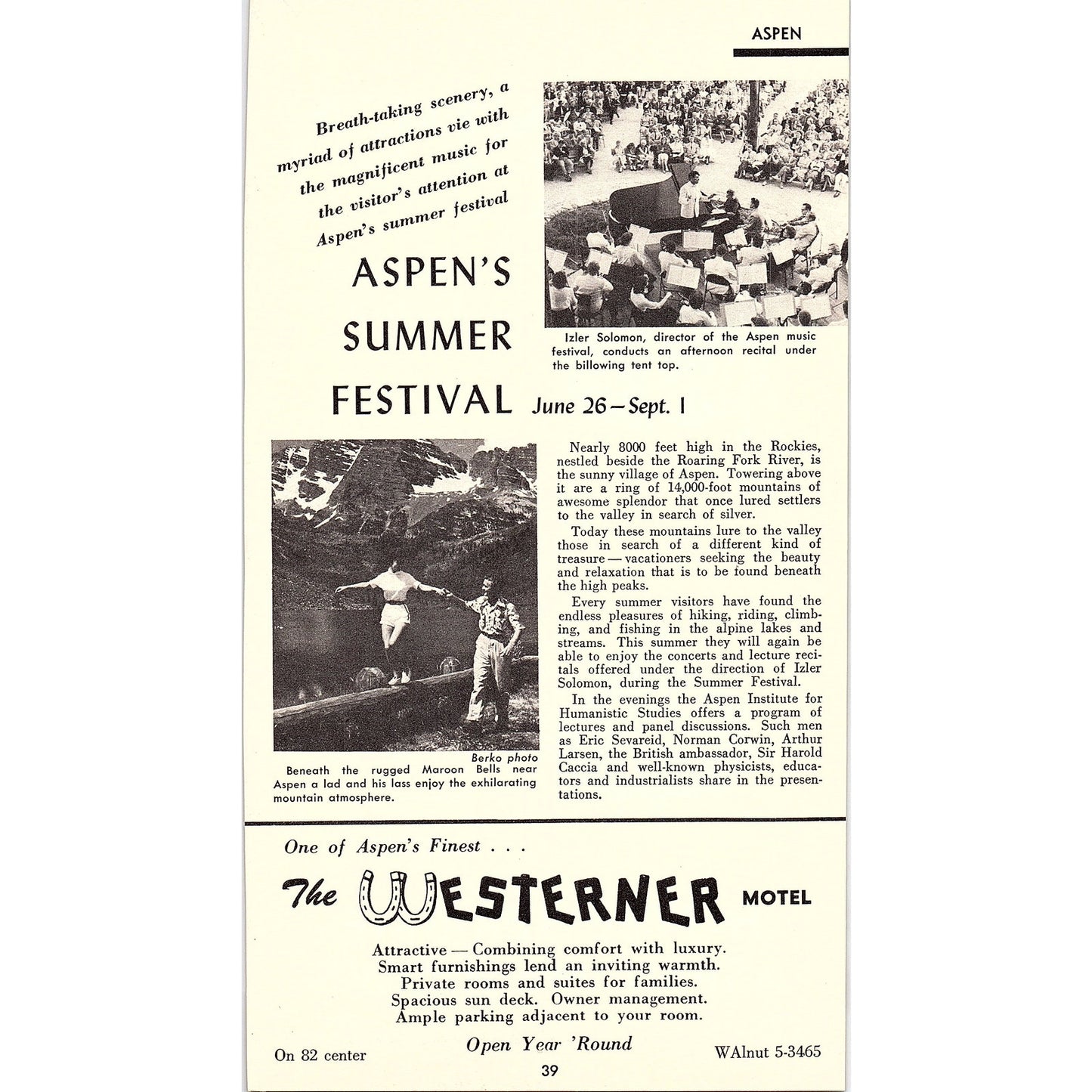 Hotel Jerome Aspen Meadows Aspen Summer Festival CO 1958 Ad AG1-8