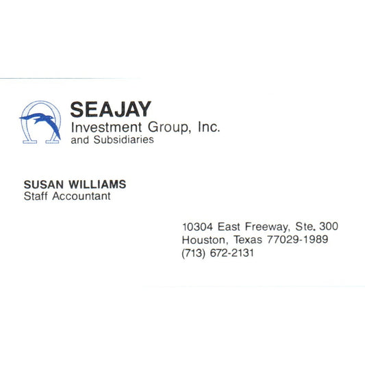 Susan Williams Seajay Investment Group Houston TX Vintage Business Card SD8-B4