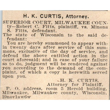 H.K. Curtis Attorney Milwaukee 1898 Newspaper Clip AF7-SS9