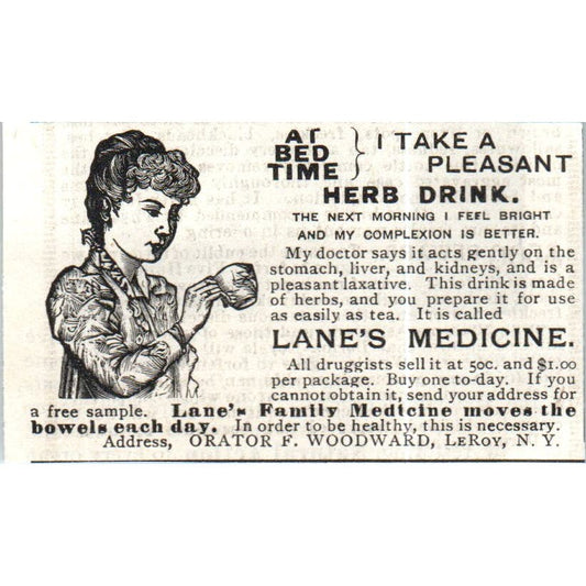Lane's Medicine Orator F. Woodward LeRoy NY c1890 Victorian Ad AE8-CH9
