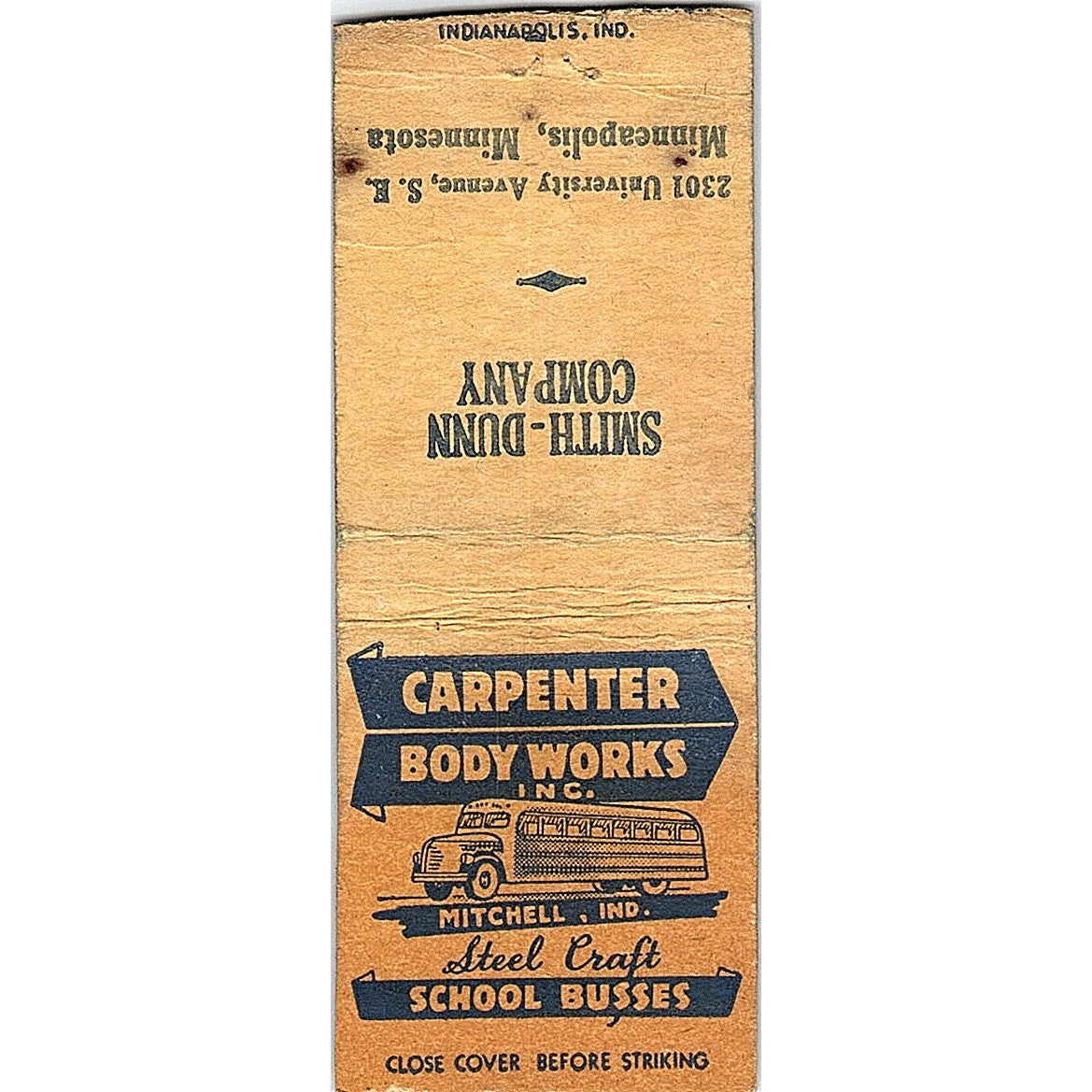 Carpenter Body Works Inc Mitchell IN School Buses Vintage Matchbook Cover SC7-Y4
