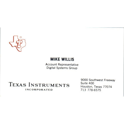 Mike Willis Texas Instruments Inc Houston TX Vintage Business Card SE3-B3