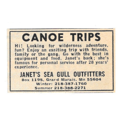 Janet's Sea Gull Outfitters Canoe Trips Grand Marais MN 1977 Ad AF6-S3