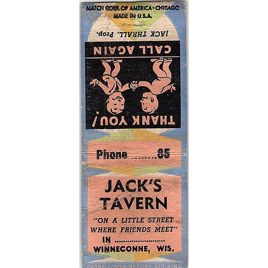 Jack's Tavern Jack Thrall Winneconne WI Vintage Matchbook Cover SC7-Y2