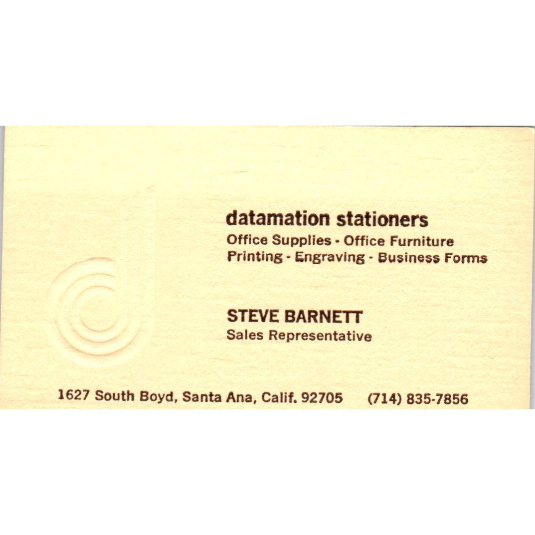 Steve Barnett Datamation Stationers Santa Ana CA Vintage Business Card SE3-B4