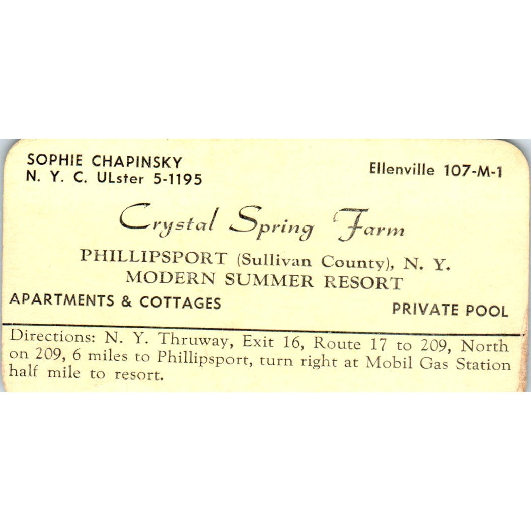 Crystal Spring Farm Sophie Chapinsky Phillipsport NY Vtg Business Card SD8-B22