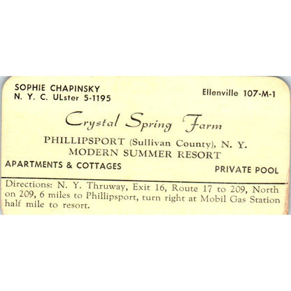 Crystal Spring Farm Sophie Chapinsky Phillipsport NY Vtg Business Card SD8-B22
