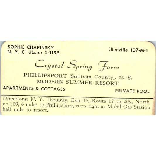 Crystal Spring Farm Sophie Chapinsky Phillipsport NY Vtg Business Card SD8-B22