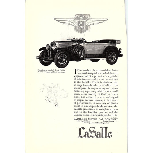 LaSalle Cadillac Motor Car Co 6x10" 1920s Original Ad D24