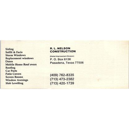 R.L. Nelson Construction Pasadena TX Vintage Business Card SD9-B3