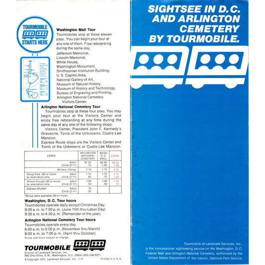 1970s Sightseeing Washington DC & Arlington Cemetery Tourmobile Brochure TF4-BB