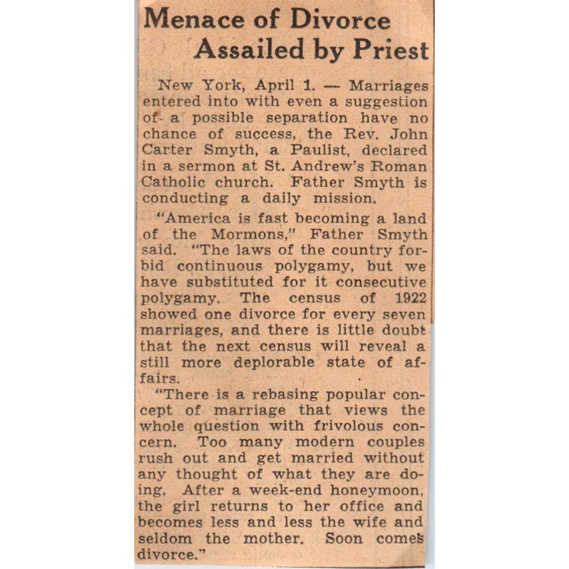 Rev. John Carter Smyth on Divorce Menace 1935 Minneapolis Journal Article AE7-N6