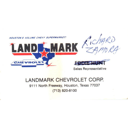 Richard Zamora Landmark Chevrolet Houston Vintage Business Card SE3-B7