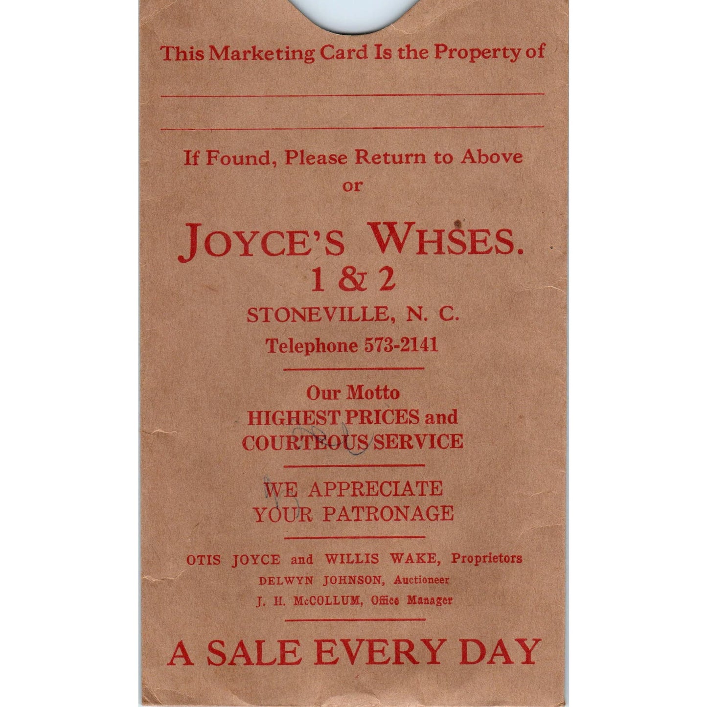 Joyce's Whses. 1 & 2 Stoneville NC Vintage Marketing Envelope AF1-RR6