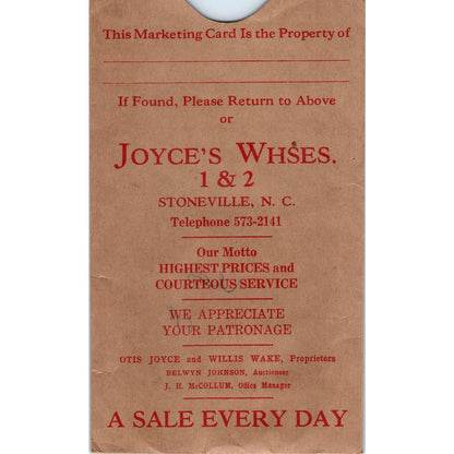 Joyce's Whses. 1 & 2 Stoneville NC Vintage Marketing Envelope AF1-RR6