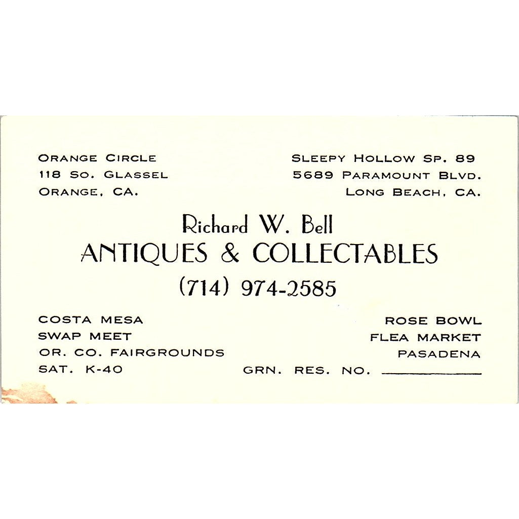 Richard W Bell Antiques & Collectables Orange CA Vintage Business Card SE3-B16