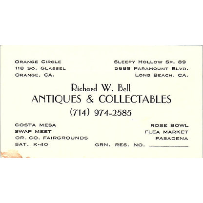 Richard W Bell Antiques & Collectables Orange CA Vintage Business Card SE3-B16
